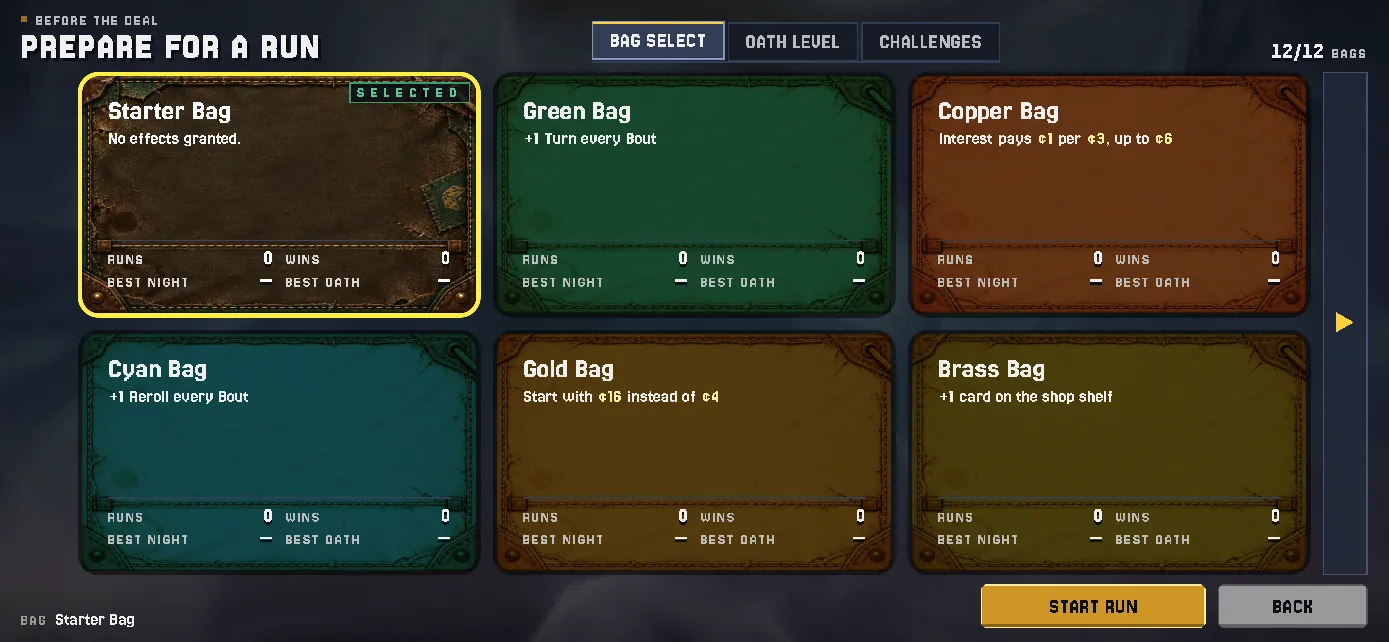 PREPARE FOR A RUN with the BAG tab open: a shelf of fourteen Bags including Starter Dice Bag, The Patient Bag, The Day's Wage, The Deep Bag, The Fat Purse and The Miser's Bag, each with its runs, wins and best Stage, above a START RUN button.