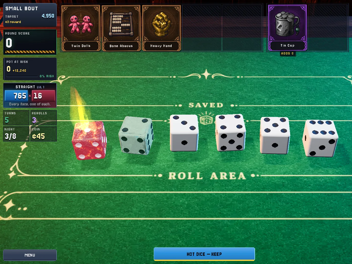 Mid-Bout on Night 3 of 8: six dice on green felt make a Straight worth 765 times 16, with the ROLL AREA and SAVED zones painted into the table, Twin Dolls, Bone Abacus and Heavy Hand along the Charm rail, and a blue HOT DICE button waiting.