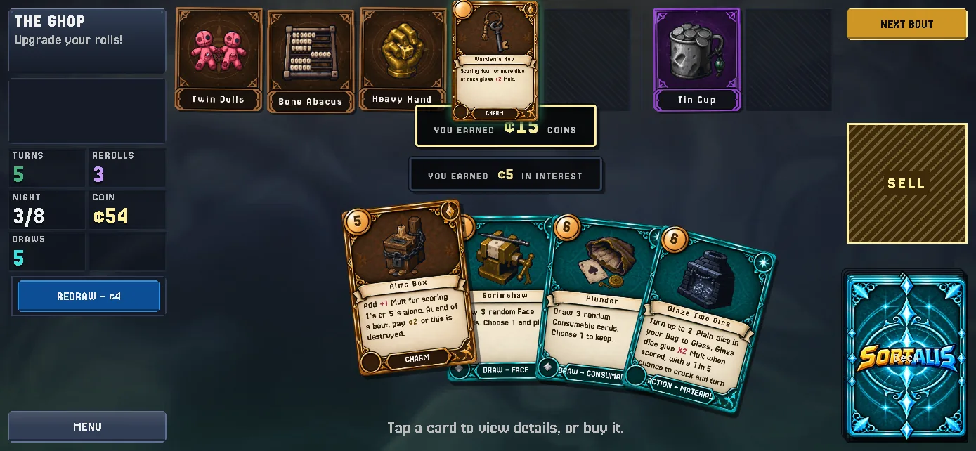 THE SHOP: a counter of Action Cards with prices — Signet Stamp ¢7, Fence the Goods ¢10 and Geomancy ¢6 — a Rat Skull Charm held up for a closer look, a REDRAW button costing ¢4, the player's Coin at ¢51, and a banner reading YOU EARNED ¢5 IN INTEREST.