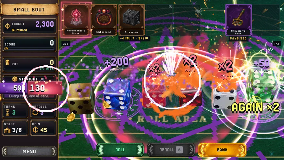 Five dice on green felt mid-score, wrapped in fire and sparks, with ×2 Mult bursts over three of them and Charm cards along the top.