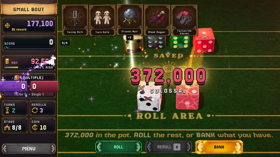 A score of 360,000 in huge red pixel numerals over two dice, with the prompt to roll the rest or bank.