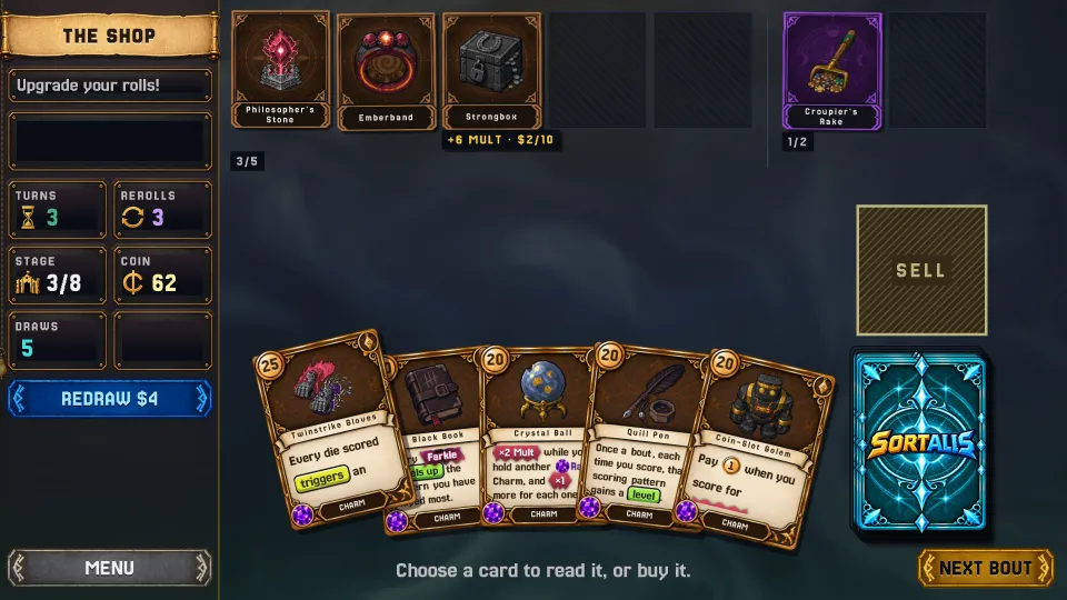 The Shop: a fan of five Charm cards with prices and rules text, beside a glowing card deck and a sell slot.
