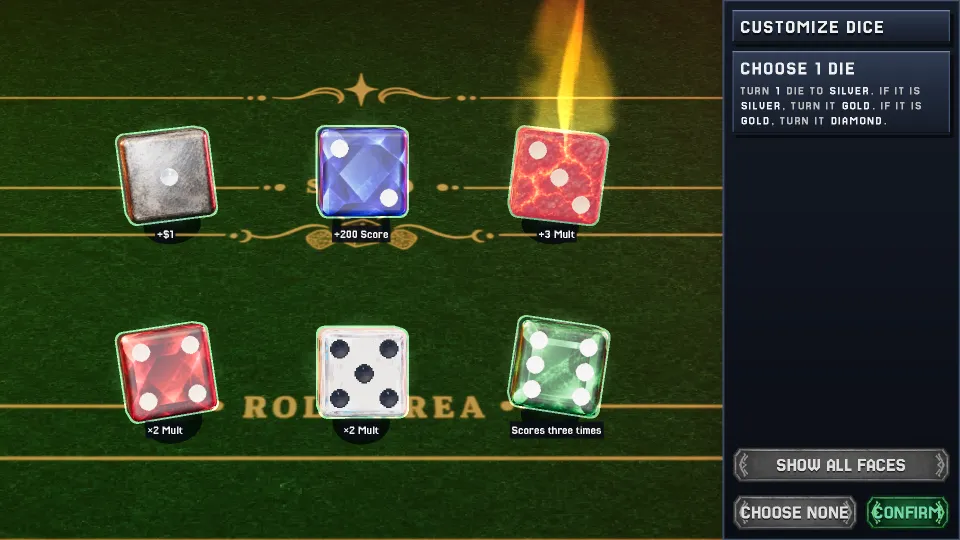 Six dice laid out on the felt, in silver, sapphire, lava, ruby, ivory and jade, each labelled with what it adds.
