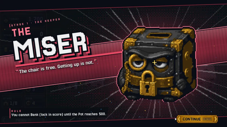 The Miser, a padlocked iron strongbox with a monocle, announced on a red banner with the rule it plays by.