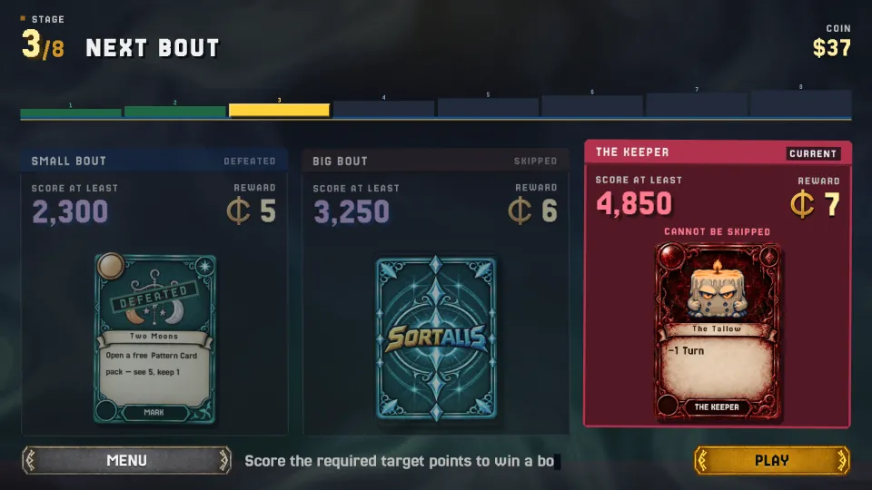 A Stage's three rounds side by side, ending in the Keeper's card with its score target and reward.