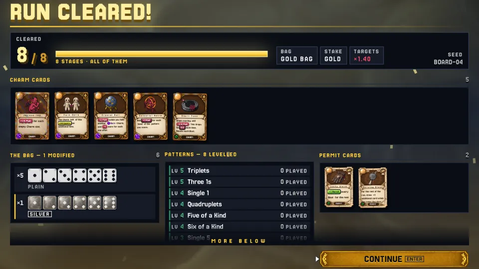 RUN CLEARED: eight of eight Stages, with the Charms, dice and levelled scoring patterns that won it.