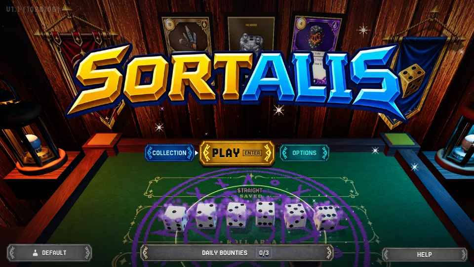 The SORTALIS title screen: the gold and blue wordmark over a green felt table of six dice in a wooden tavern room, with Collection, Play and Options buttons.