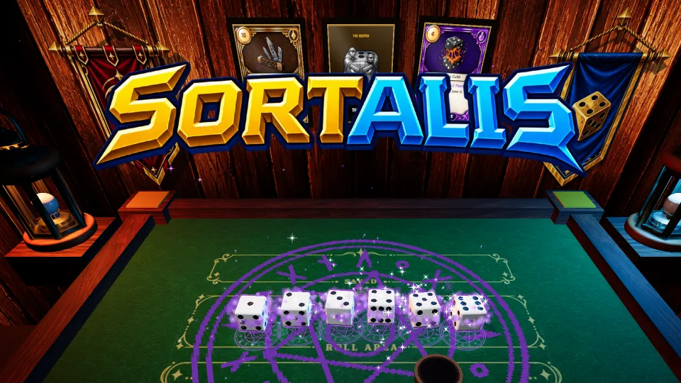 The SORTALIS wordmark over a green felt table of six dice in a wooden tavern room, with no buttons.