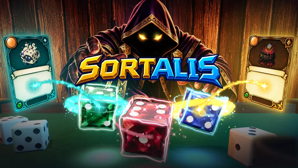 The SORTALIS wordmark over six enchanted dice tumbling across green felt: jade, flaming ruby, gold, sapphire, iron and frost, widescreen.