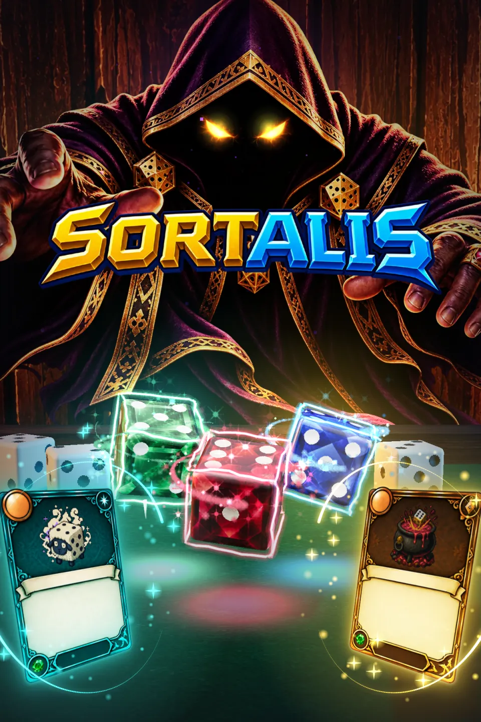 The SORTALIS wordmark over six enchanted dice tumbling across green felt: jade, flaming ruby, gold, sapphire, iron and frost, portrait.