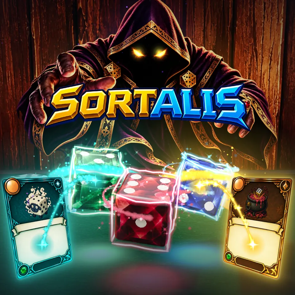 The SORTALIS wordmark over six enchanted dice tumbling across green felt: jade, flaming ruby, gold, sapphire, iron and frost, square.